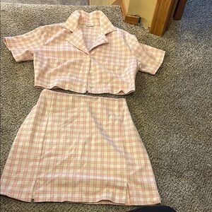 Brandy Melville Pink Plaid Cropped Blazer and Skirt Set